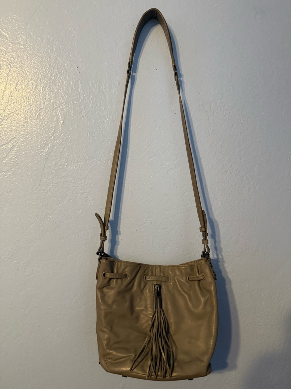 Elizabeth and James Taupe Leather Tassel Shoulder Bag
